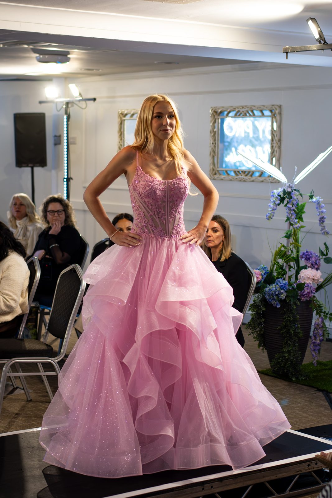 Candyfloss pink ruffled prom dress at Brides of Bond Street, Leicester