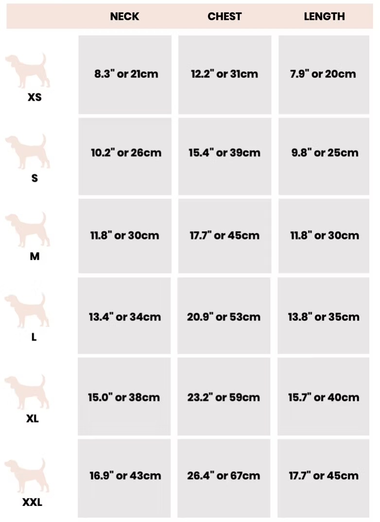 DoggieByDesign size chart, XS to XXL